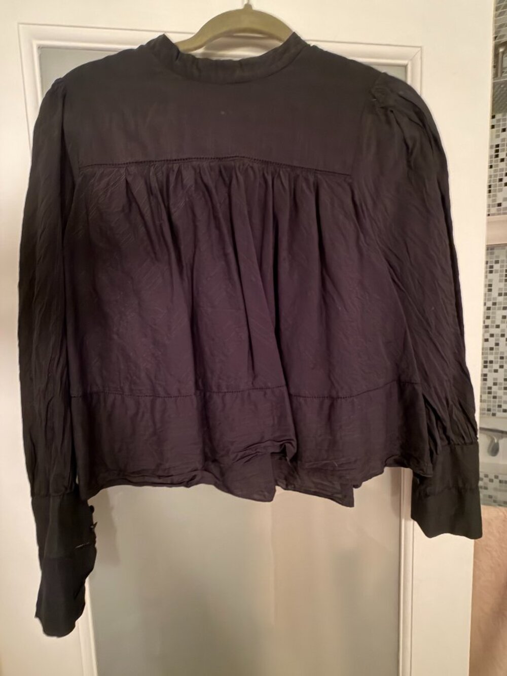 Club Monaco Cotton–Silk Long‑Sleeve Cropped Shirt - BLACK